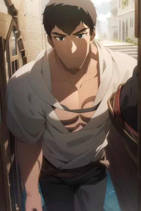 davion, <lora:davionv2-lora-nochekaiser:1>,
davion, short hair, black hair, dark skin, (black eyes:1.5), dark-skinned male,
BREAK shirt, white shirt, muscular, facial hair, thick eyebrows, pectorals, muscular male, bara, mature male, stubble, pectoral cleavage,
BREAK looking at viewer,
BREAK outdoors,
BREAK <lyco:GoodHands-beta2:1>, (masterpiece:1.2), best quality, high resolution, unity 8k wallpaper, (illustration:0.8), (beautiful detailed eyes:1.6), extremely detailed face, perfect lighting, extremely detailed CG, (perfect hands, perfect anatomy),