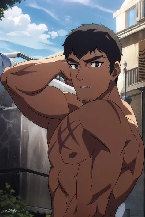 davion, <lora:daviontest:1>,
davion, short hair, black hair, 1boy, facial hair, thick eyebrows, muscular male, bara, sideburns, mature male, stubble, muscular, (black eyes:1.5),
BREAK nipples, nude, dark skin, stomach, muscular, scar, abs, dark-skinned male, pectorals, scar on face, large pectorals, scar on chest,
BREAK outdoors,
BREAK looking at viewer,
BREAK <lora:GoodHands-vanilla:1>, (masterpiece:1.2), best quality, high resolution, unity 8k wallpaper, (illustration:0.8), (beautiful detailed eyes:1.6), extremely detailed face, perfect lighting, extremely detailed CG, (perfect hands, perfect anatomy),