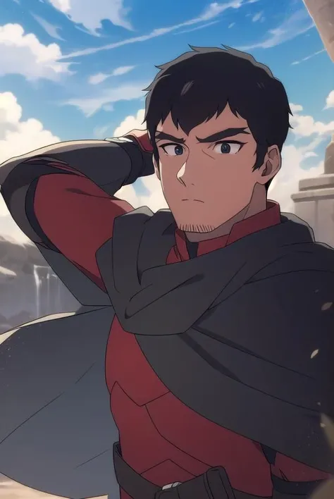 davion, <lora:daviontest:1>,
davion, short hair, black hair, 1boy, facial hair, thick eyebrows, muscular male, bara, sideburns, mature male, stubble, muscular, (black eyes:1.5),
BREAK belt, cape, armor, bodysuit, black cape,,
BREAK outdoors,
BREAK looking at viewer,
BREAK <lora:GoodHands-vanilla:1>, (masterpiece:1.2), best quality, high resolution, unity 8k wallpaper, (illustration:0.8), (beautiful detailed eyes:1.6), extremely detailed face, perfect lighting, extremely detailed CG, (perfect hands, perfect anatomy),