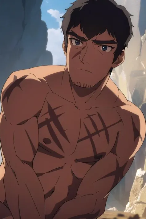 davion, <lora:daviontest:1>,
davion, short hair, black hair, 1boy, facial hair, thick eyebrows, muscular male, bara, sideburns, mature male, stubble, muscular, (black eyes:1.5),
BREAK nipples, nude, dark skin, stomach, muscular, scar, abs, dark-skinned male, pectorals, scar on face, large pectorals, scar on chest, scar on shoulder, scar on arms,
BREAK outdoors,
BREAK looking at viewer,
BREAK <lora:GoodHands-vanilla:1>, (masterpiece:1.2), best quality, high resolution, unity 8k wallpaper, (illustration:0.8), (beautiful detailed eyes:1.6), extremely detailed face, perfect lighting, extremely detailed CG, (perfect hands, perfect anatomy),