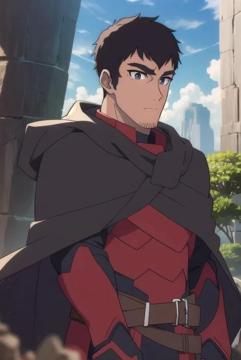 davion, <lora:daviontest:1>,
davion, short hair, black hair, 1boy, facial hair, thick eyebrows, muscular male, bara, sideburns, mature male, stubble, muscular, (black eyes:1.5),
BREAK belt, cape, armor, bodysuit, black cape,,
BREAK outdoors,
BREAK looking at viewer,
BREAK <lora:GoodHands-vanilla:1>, (masterpiece:1.2), best quality, high resolution, unity 8k wallpaper, (illustration:0.8), (beautiful detailed eyes:1.6), extremely detailed face, perfect lighting, extremely detailed CG, (perfect hands, perfect anatomy),