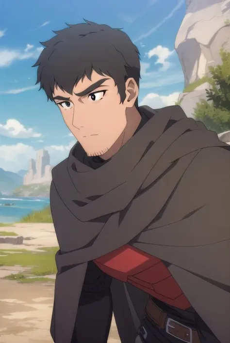 davion, <lora:daviontest:1>,
davion, short hair, black hair, 1boy, facial hair, thick eyebrows, muscular male, bara, sideburns, mature male, stubble, muscular, (black eyes:1.5),
BREAK belt, cape, armor, bodysuit, black cape,,
BREAK outdoors,
BREAK looking at viewer,
BREAK <lora:GoodHands-vanilla:1>, (masterpiece:1.2), best quality, high resolution, unity 8k wallpaper, (illustration:0.8), (beautiful detailed eyes:1.6), extremely detailed face, perfect lighting, extremely detailed CG, (perfect hands, perfect anatomy),