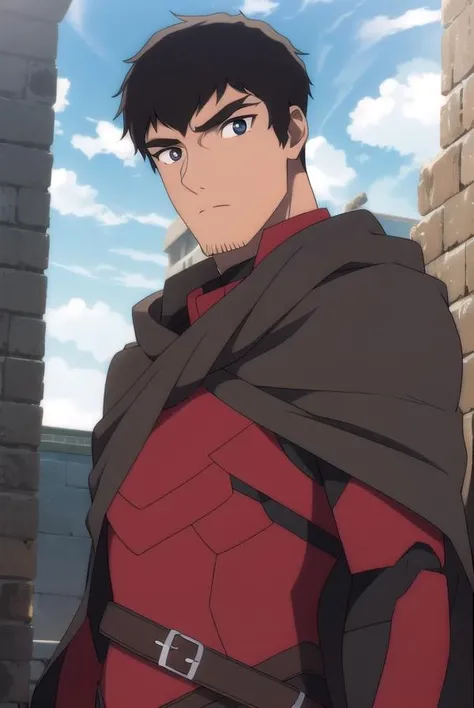davion, <lora:daviontest:1>,
davion, short hair, black hair, 1boy, facial hair, thick eyebrows, muscular male, bara, sideburns, mature male, stubble, muscular, (black eyes:1.5),
BREAK belt, cape, armor, bodysuit, black cape,,
BREAK outdoors,
BREAK looking at viewer,
BREAK <lora:GoodHands-vanilla:1>, (masterpiece:1.2), best quality, high resolution, unity 8k wallpaper, (illustration:0.8), (beautiful detailed eyes:1.6), extremely detailed face, perfect lighting, extremely detailed CG, (perfect hands, perfect anatomy),
