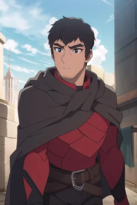 davion, <lora:daviontest:1>,
davion, short hair, black hair, 1boy, facial hair, thick eyebrows, muscular male, bara, sideburns, mature male, stubble, muscular, (black eyes:1.5),
BREAK belt, cape, armor, bodysuit, black cape,,
BREAK outdoors,
BREAK looking at viewer,
BREAK <lora:GoodHands-vanilla:1>, (masterpiece:1.2), best quality, high resolution, unity 8k wallpaper, (illustration:0.8), (beautiful detailed eyes:1.6), extremely detailed face, perfect lighting, extremely detailed CG, (perfect hands, perfect anatomy),