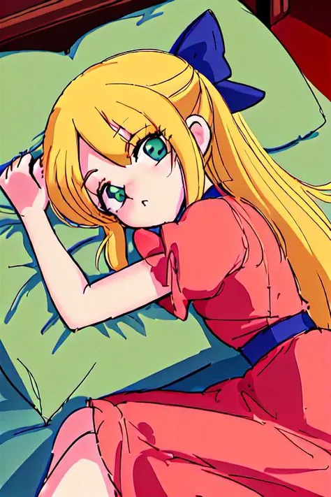 <lora:Roll3D:0.6> Roll3D 1girl,red dress, green bow, blonde hair, blue eyes, laying in a bed, head on pillow, scene from megaman
