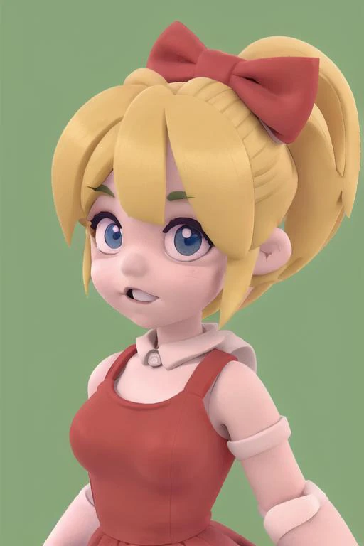 <lora:Roll3D:0.6> Roll3D 1girl,red dress, green bow, blonde hair, blue eyes, laying in a bed, head on pillow, scene from megaman, claYMation