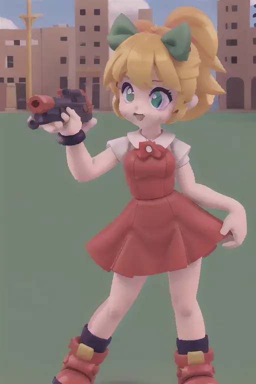 <lora:Roll3D:1> Roll3D 1girl,red dress, green bow, blonde hair, blue eyes, in city ruins with a blaster, scene from megaman, claymation, 80's anime style