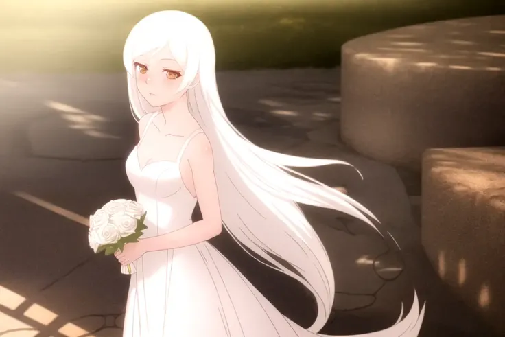 best quality, beautifully detailed illustration, beautifully detailed sunlight, soft lighting, (best shadows), masterpiece, best quality, highres, <lora:Kizumonogatari_Style:1>, 1girl, white hair, upper body, white shirt, very long hair, crossed legs, full body,white wedding dress, tiarra, standing, holding flowers,