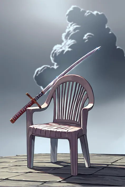 score_9, source_anime, score_8_up, score_7_up, no humans:plastic chair:.6, weapon over shoulder:sword:no humans:.5, floating:katana:.5, object focus:plastic chair:.5, sword over shoulder, holding long sword, <lora:PlasticChair_XLPD:.7> <lora:concept_overshoulder_ponyXL:1.5> chair arms, explosion