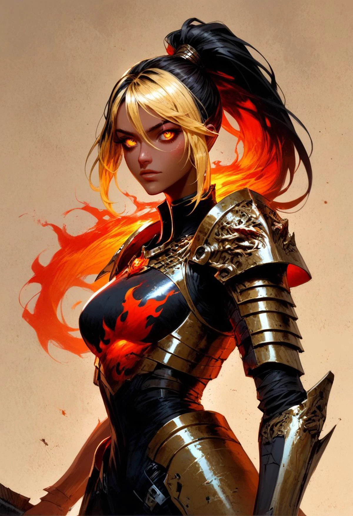 score_9, score_8_up, score_7_up, solo, detailed eyes, expressive eyes, lustrous skin, medium breasts, wearing armor, heavy armor, (huge axe over shoulder), eyes glowing red, flame coming out of eyes, standing, looking at viewer, good_hands, medium length hair, black hair, golden eyes, ponytail, tan skin, blonde highlights, blonde ends, medium-long hair, red flames