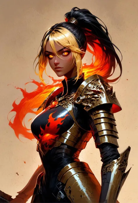 score_9, score_8_up, score_7_up, solo, detailed eyes, expressive eyes, lustrous skin, medium breasts, wearing armor, heavy armor, (huge axe over shoulder), eyes glowing red, flame coming out of eyes, standing, looking at viewer,  good_hands, medium length hair, black hair,  golden eyes, ponytail, tan skin, blonde highlights, blonde ends, medium-long hair, red flames