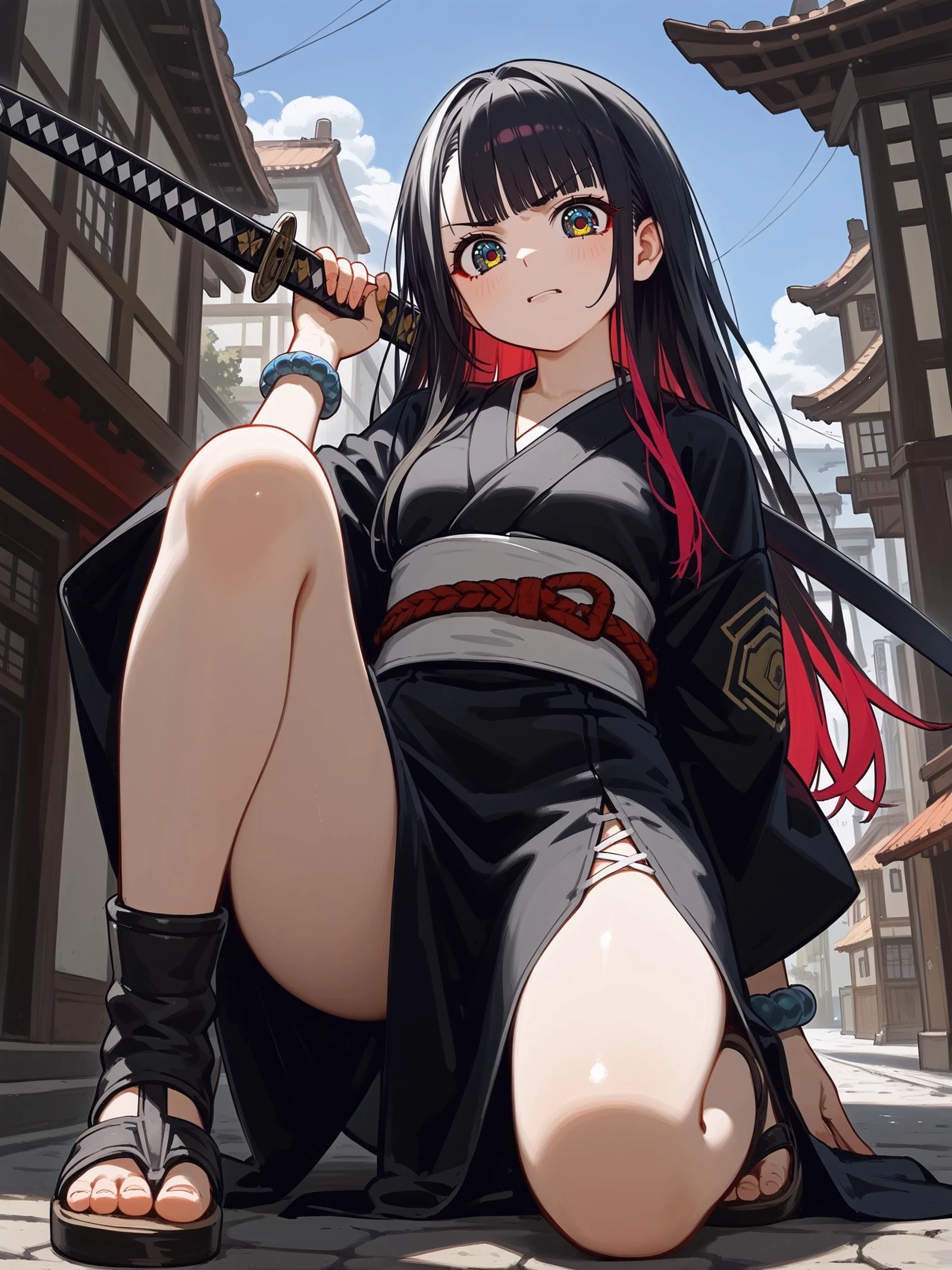 (((score_9, epic-Ultra-HD-details, epic-Ultra-HD-highlights, anime-upscaled-resolution, anime-quality, flat-color, lit, cutesie))),
50mm lens,
aperture opening of f/4.0, cowboy shot, vivid colors like HDR+, sharp focus, Sophisticated sensual tableaus, high quality, from below angle,
a female ronin, (holding katana over shoulder), (get down on one knee), katana, kimono, belt, beaded bracelet, sandals, face up, looking at viewer, angry, despise, detailed eye, natural skin, detailed skin, perfect eyes, detailed eyes, Perfect Hands, perfect feet, relistics skin, background is the street of a cyberpunk style japanese town, outdoor,
in the style of Derek Gores, eye_focus, elevates eroticism to aesthetic heights, every image a seducing sublime, <lora:concept_overshoulder_ponyXL:0.9> <lora:ph4nt0m01lXLP:0.9> ph4nt0m01l