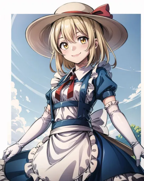 <lora:touhou_kana:1.0>, cowboy shot, solo, 1girl, kana anaberal, smile, looking at viewer, sun hat, blue dress, apron, short sleeves, ribbon, elbow gloves, <lora:add_detail:1>, masterpiece, best quality