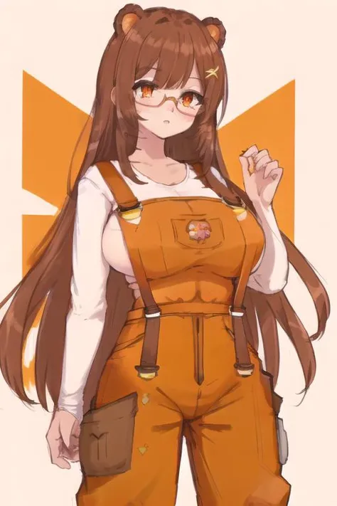 (sketch:1.2),high quality, master piece, (sole female, 1girl:1.2)
,tall female, (red brown hair| brown hair),rich skin, long hair, (bear ears), freckles, orange eyes, (large breasts:1.1), (hag:1.2), orange eyes, mature
, (orange overalls:1.1), suspenders covering breasts, (orange suspender pants:1.2), white under shirt, half glasses