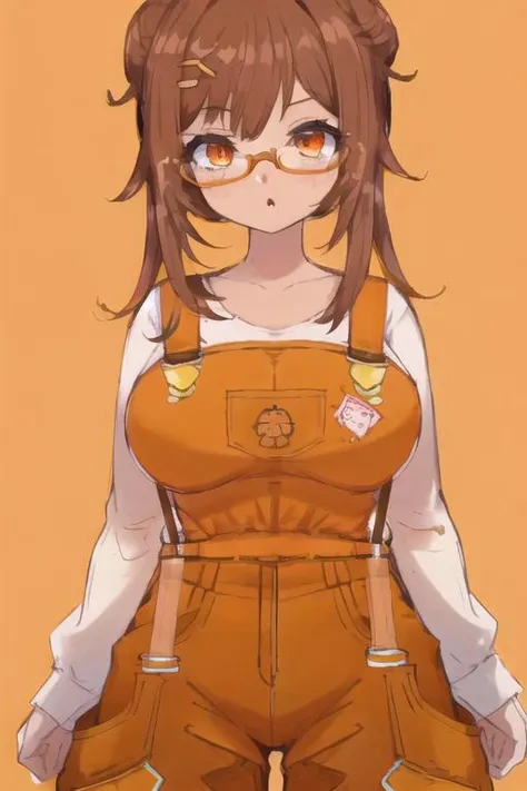 (sketch:1.2),high quality, master piece, (sole female, 1girl:1.2)
,tall female, (red brown hair| brown hair),rich skin, long hair, freckles, orange eyes, (large breasts:1.1), (hag:1.2), orange eyes, mature, double hair buns, hair buns, double buns
, (orange overalls:1.1), suspenders covering breasts, (orange suspender pants:1.2), white under shirt, half glasses