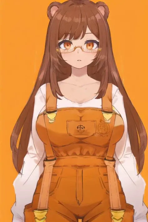 (sketch:1.2),high quality, master piece, (sole female, 1girl:1.2)
,tall female, (red brown hair| brown hair),rich skin,  long hair, (bear ears), freckles, orange eyes, (large breasts:1.1), (hag:1.2), orange eyes, mature
, (orange overalls:1.1), suspenders covering breasts, (orange suspender pants:1.2), white under shirt, half glasses