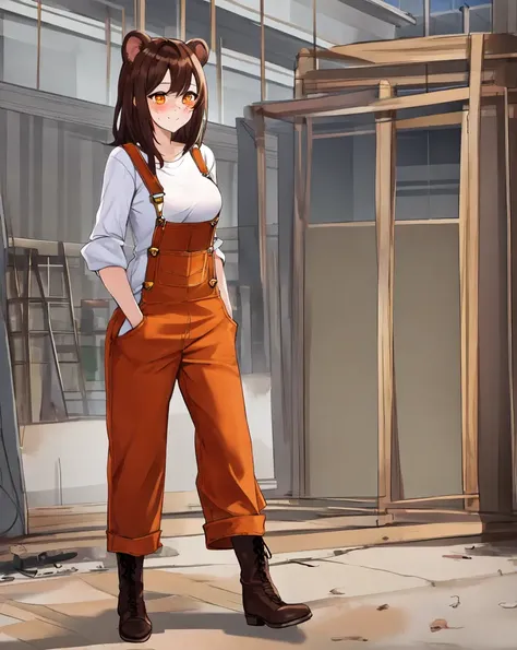 masterpiece,high quality,high res, (1girl:1.2, sole female, one girl, single girl:1.2)
,tall female, brown hair, rich skin, medium hair, (bear ears), freckles, orange eyes, (large breasts:1.1), (hag:1.2), orange eyes, mature, sena bonbon
, happy, (orange overalls:1.3), overalls, standing, construction site, holding plywood, white shirt, brown boots