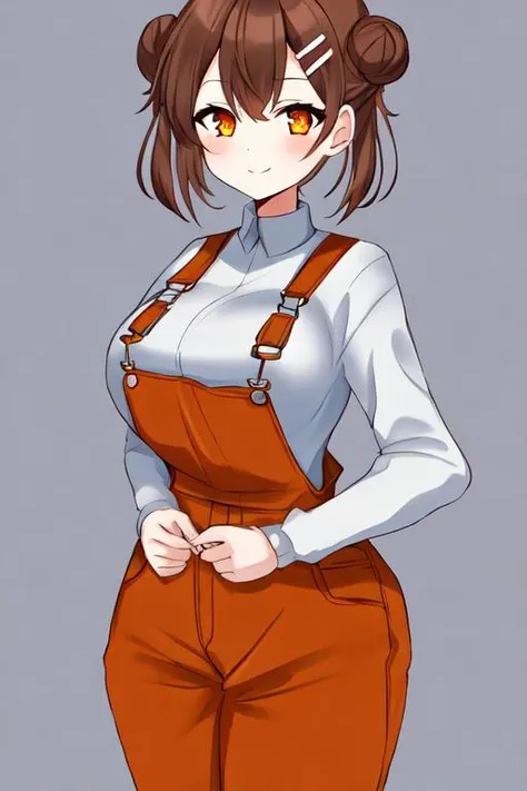 1girl, solo, high res
, sena bonbon, tall female, (brown hair:1.3), hair clip, double buns, medium hair, vtuber, large breasts, orange eyes
, standing happy, orange overalls