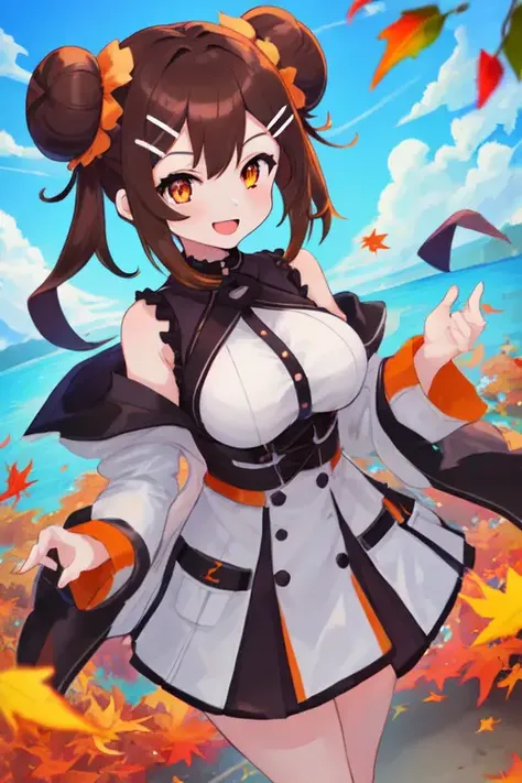 1girl, solo, high res
, sena bonbon, fall female, brown hair, hair clip, double buns, medium hair, vtuber, large breasts, orange eyes
, standing happy,