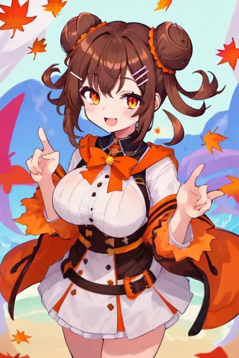 1girl, solo, high res
, sena bonbon, fall female, brown hair, hair clip, double buns, medium hair, vtuber, large breasts, orange eyes
, standing happy,