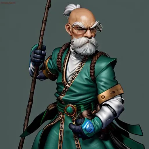 <lora:KnolanBattleChasersLora:0.8> 1boy, male focus, facial hair, beard, mustache, old man, white hair, glasses, bald, gloves, staff, Highly detailed,masterpiece, best quality