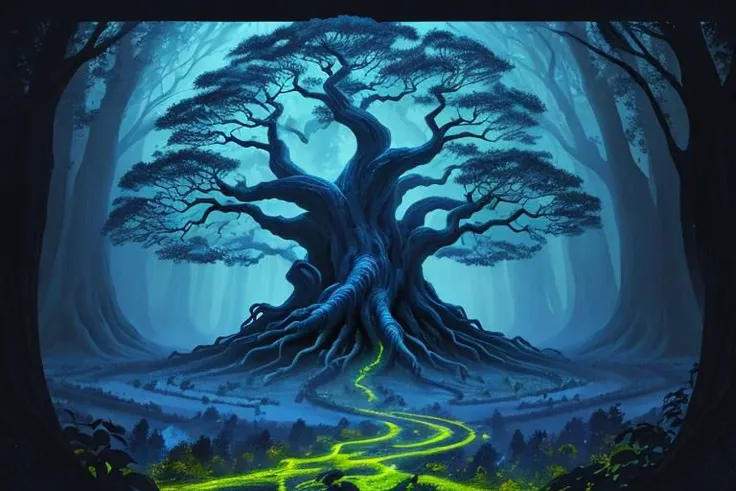 painting of giant tree, dark blue theme, illuminated blue leaves, night vision, fantasy, magical, masterpiece, ultra quality, 12k detailed, birdseye shot, ultra wide angle shot, high angle shot, far angle shot, aspect ratio: 2.39:1(3,840 x 2,160)