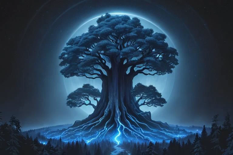 painting of giant tree, dark blue theme, illuminated blue leaves, night vision, fantasy, magical, masterpiece, ultra quality, 12k detailed, birdseye shot, ultra wide angle shot, high angle shot, far angle shot, aspect ratio: 2.39:1(3,840 x 2,160)