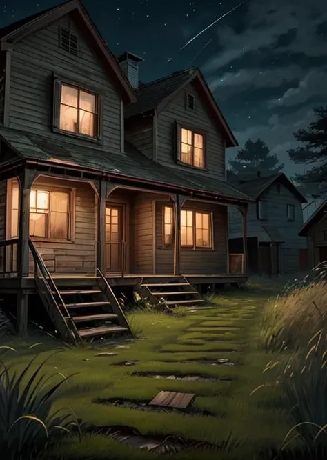 abandoned house, broken planks, moss, broken steps, unkempt yard, tall grass, weeds, terror,night,horror (theme),