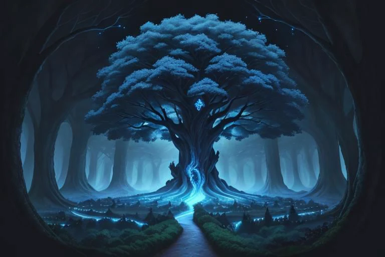 painting of giant tree, dark blue theme, illuminated blue leaves, night vision, fantasy, magical, masterpiece, ultra quality, 12k detailed, birdseye shot, ultra wide angle shot, high angle shot, far angle shot, aspect ratio: 2.39:1(3,840 x 2,160)