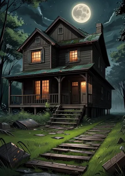 abandoned house, broken planks, moss, broken steps, unkempt yard, tall grass, weeds, terror,night,horror (theme),