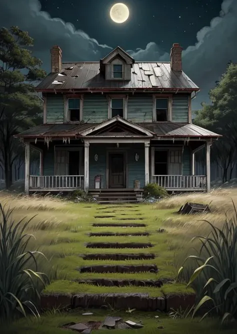 abandoned house, broken planks, moss, broken steps, unkempt yard, tall grass, weeds, terror,night,horror (theme),