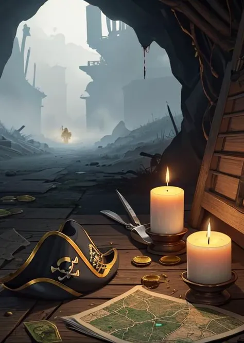 Knife, wooden table, gold coins, blood, terror, fog, skeleton, moss, incects, dust, maps, pirate clothes, pirate hat, old gun. cave,wax candle,horror (theme),dust, dirt, blood, grime,( rats), (rotten cheese)