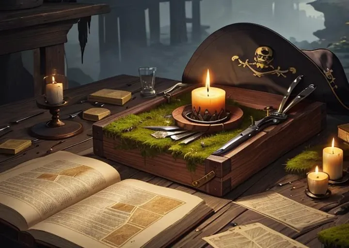 Knife, wooden table, gold coins, blood, terror, fog, skeleton, moss, incects, dust, maps, pirate clothes, pirate hat, old gun. cave,wax candle,horror (theme)