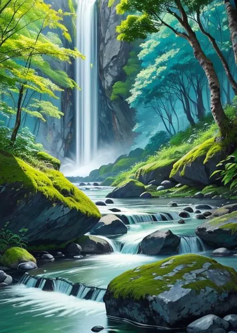 waterfall, rainbow, colorful flowers, moss, water, rocks, jungle, trees with very green leaves, very blue water,beautiful landscape, colird and tropical