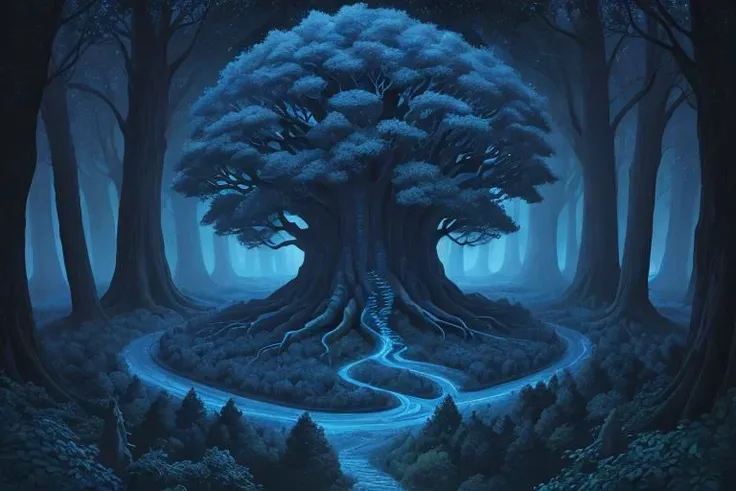 painting of giant tree, dark blue theme, illuminated blue leaves, night vision, fantasy, magical, masterpiece, ultra quality, 12k detailed, birdseye shot, ultra wide angle shot, high angle shot, far angle shot, aspect ratio: 2.39:1(3,840 x 2,160)