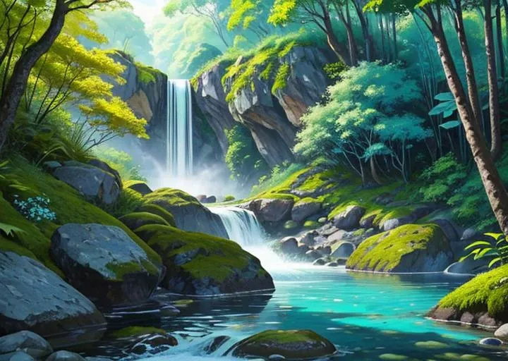 waterfall, rainbow, colorful flowers, moss, water, rocks, jungle, trees with very green leaves, very blue water,beautiful landscape, colird and tropical