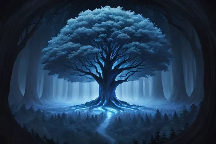 painting of giant tree, dark blue theme, illuminated blue leaves, night vision, fantasy, magical, masterpiece, ultra quality, 12k detailed, birdseye shot, ultra wide angle shot, high angle shot, far angle shot, aspect ratio: 2.39:1(3,840 x 2,160)