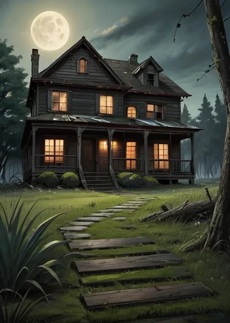 abandoned house, broken planks, moss, broken steps, unkempt yard, tall grass, weeds, terror,night,horror (theme),