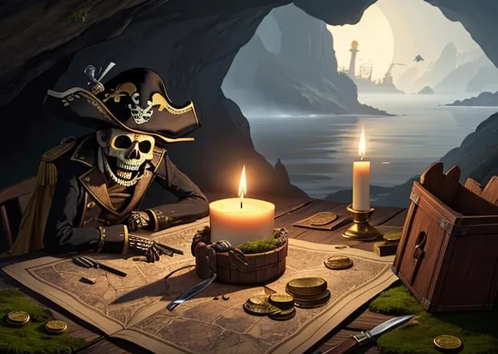 Knife, wooden table, gold coins, blood, terror, fog, skeleton, moss, incects, dust, maps, pirate clothes, pirate hat, old gun. cave,wax candle,horror (theme)