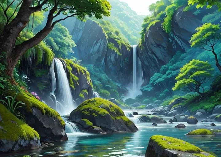 waterfall, rainbow, colorful flowers, moss, water, rocks, jungle, trees with very green leaves, very blue water,beautiful landscape, colird and tropical