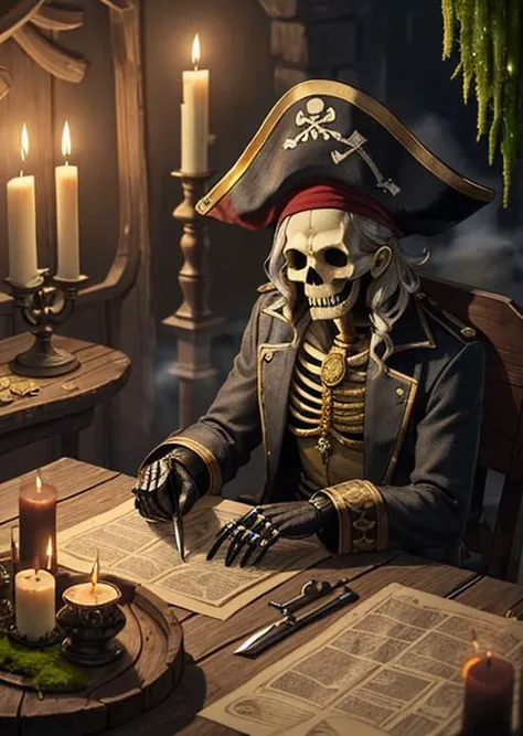 Knife, wooden table, gold coins, blood, terror, fog, skeleton, moss, incects, dust, maps, pirate clothes, pirate hat, old gun. cave,wax candle,horror (theme),dust, dirt, blood, grime,( rats), (rotten cheese)