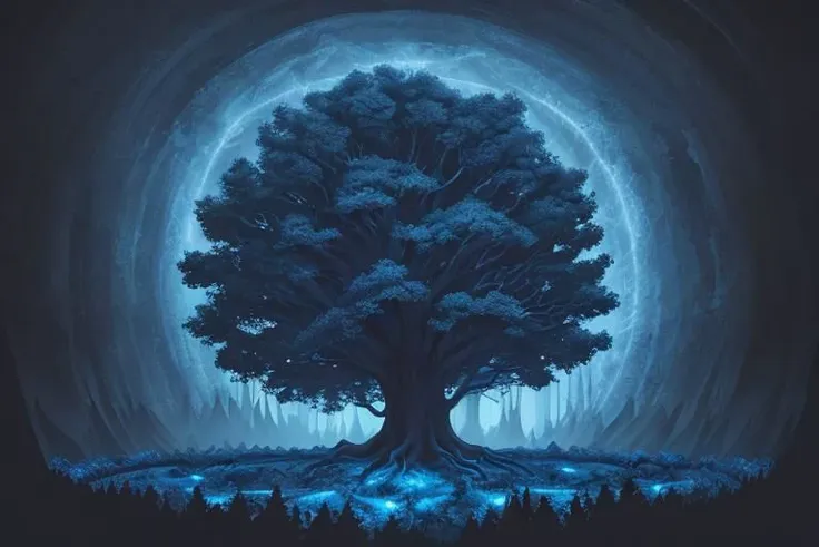 painting of giant tree, dark blue theme, illuminated blue leaves, night vision, fantasy, magical, masterpiece, ultra quality, 12k detailed, birdseye shot, ultra wide angle shot, high angle shot, far angle shot, aspect ratio: 2.39:1(3,840 x 2,160)