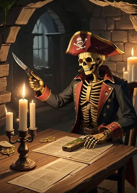 Knife, wooden table, gold coins, blood, terror, fog, skeleton, moss, incects, dust, maps, pirate clothes, pirate hat, old gun. cave,wax candle,horror (theme)