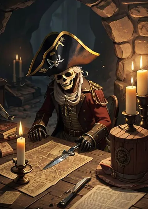 Knife, wooden table, gold coins, blood, terror, fog, skeleton, moss, incects, dust, maps, pirate clothes, pirate hat, old gun. cave,wax candle,horror (theme),dust, dirt, blood, grime,( rats), (rotten cheese)