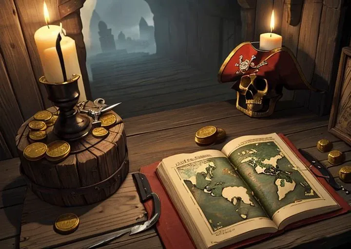 Knife, wooden table, gold coins, blood, terror, fog, skeleton, moss, incects, dust, maps, pirate clothes, pirate hat, old gun. cave,wax candle,horror (theme)