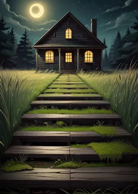 abandoned house, broken planks, moss, broken steps, unkempt yard, tall grass, weeds, terror,night,horror (theme),