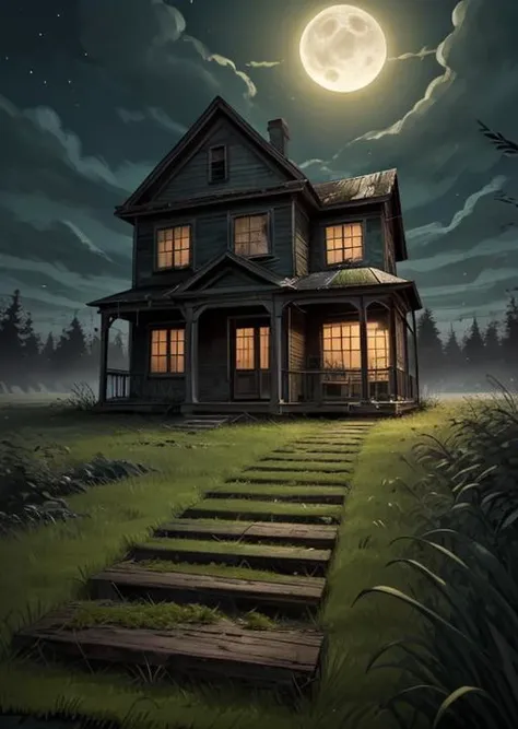 abandoned house, broken planks, moss, broken steps, unkempt yard, tall grass, weeds, terror,night,horror (theme),