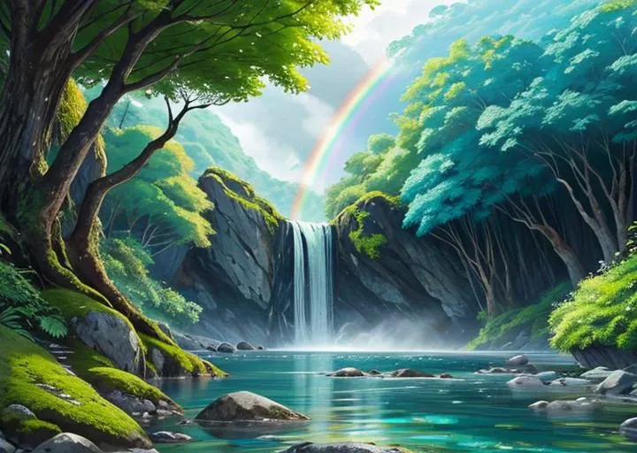 waterfall, rainbow, colorful flowers, moss, water, rocks, jungle, trees with very green leaves, very blue water,beautiful landscape, colird and tropical