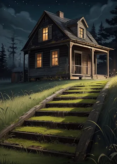 abandoned house, broken planks, moss, broken steps, unkempt yard, tall grass, weeds, terror,night,horror (theme),