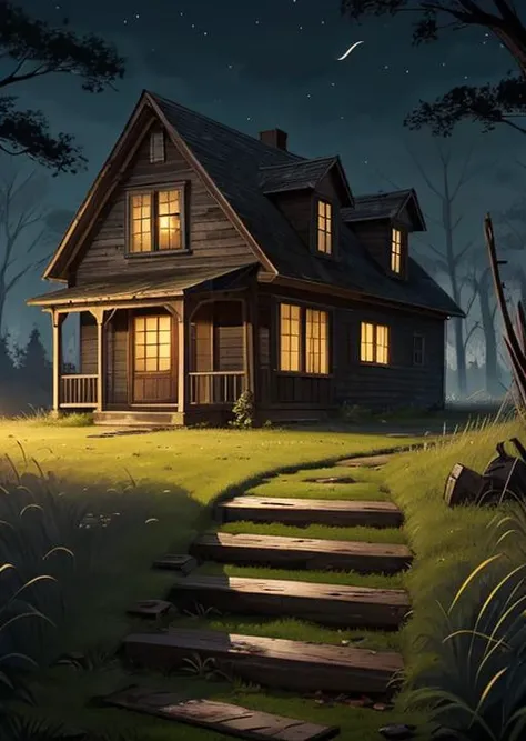 abandoned house, broken planks, moss, broken steps, unkempt yard, tall grass, weeds, terror,night,horror (theme),